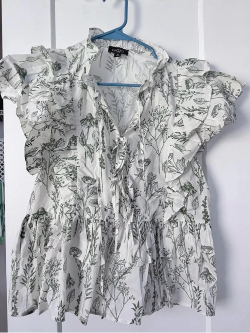 White Blouse with Green Botanical Print and Ruffle Sleeves